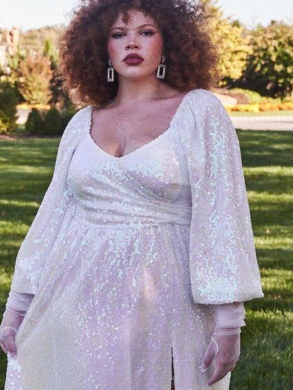 Eloquii Iridescent Sequin Puff-Sleeve Midi Dress in White